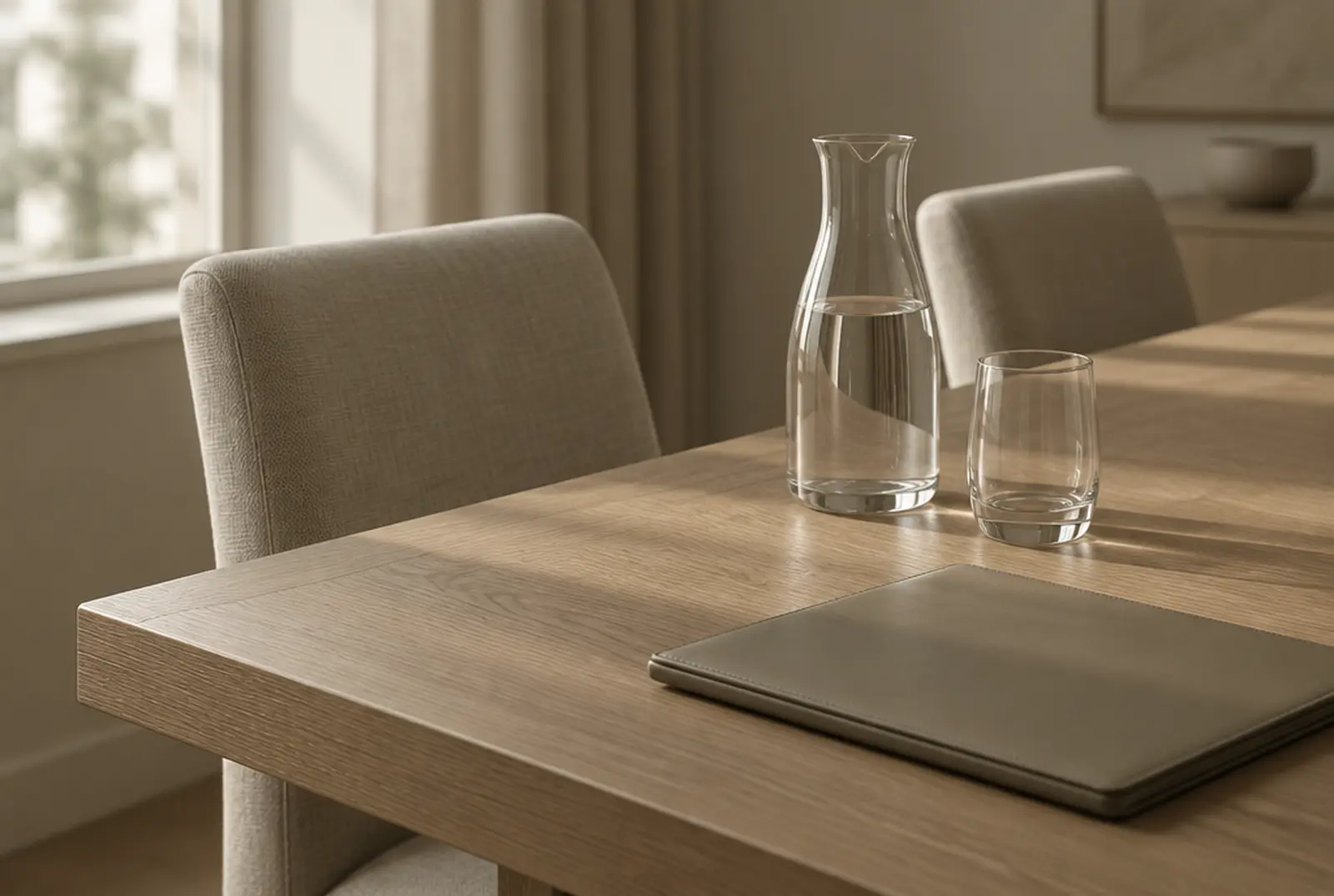 The corner of an oak boardroom table with linen chairs, a water carafe and a closed folder.