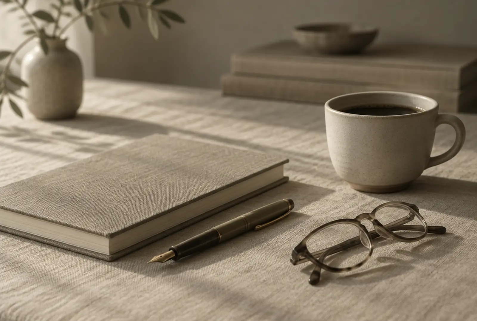 A closed notebook, a fountain pen, folded reading glasses and a cup of coffee on a linen surface.