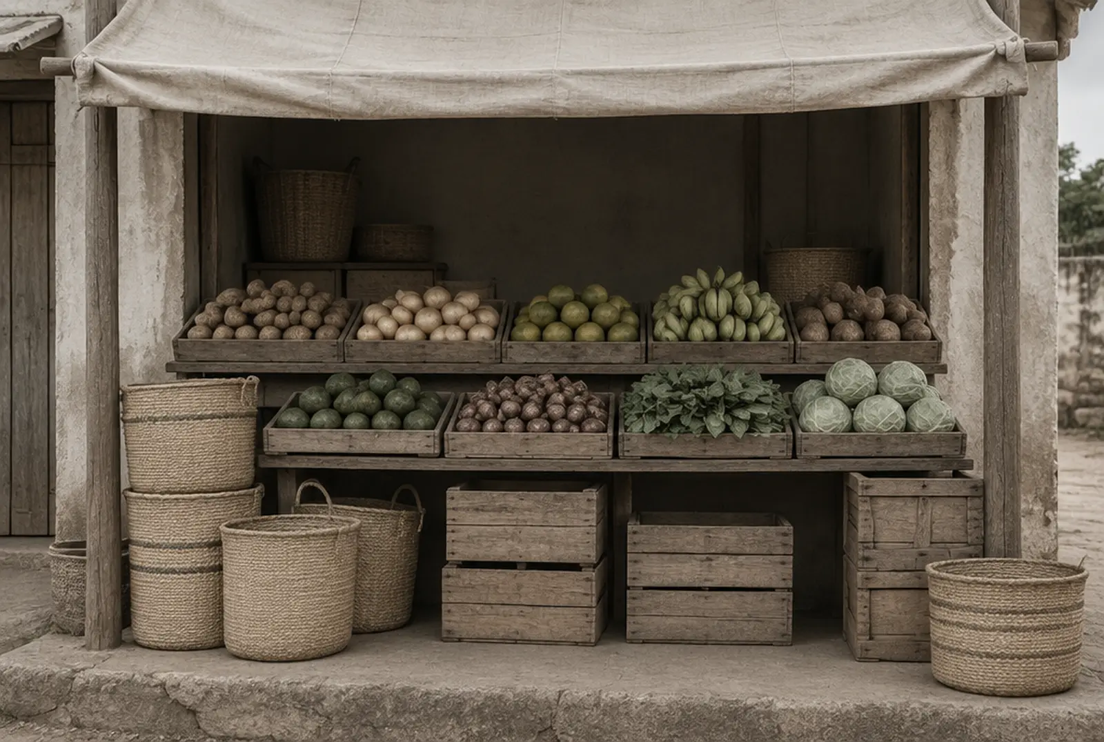 Sisal baskets, wooden crates and unbranded produce at a market stall in morning light.