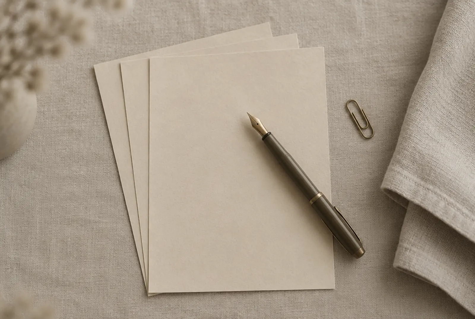Plain paper sheets fanned on linen with a fountain pen and a brass paperclip, seen from above.